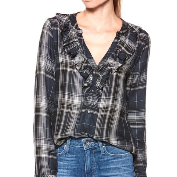 PAIGE Tops - Paige Womens Bernette India Ink DYLAN Plaid Ruffle